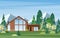 Modern village house flat vector illustration. Contemporary wooden building in coniferous forest. Countryside home