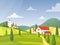 Modern village house flat vector illustration. Italy farmland buildings at green meadow. Countryside houses exterior