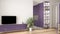 Modern violet colored minimalist living room with small kitchen, parquet floor, tv cabinet, potted plant. Scandinavian colored