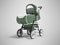 Modern walking metallic baby stroller green cage with white inserts with pocket holder below 3d render on gray background with