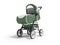 Modern walking metallic baby stroller green cage with white inserts with pocket holder below 3d render on white background with