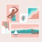 Modern wall art gallery,abstract art set.Vector portrait of a girl and natural landscape.These trendy illustrations are for