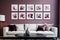 modern wall in a living room with a group of identical rectangle picture frames, ornate, flowers