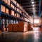 Modern warehouse logistics storage area stacked with boxes and cargo