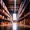 Modern warehouse logistics storage area stacked with boxes and cargo