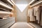 Modern warm wood and white walk in closet dressing room, minimal walk in wardrobe interior design. generative ai