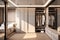 Modern warm wood and white walk in closet, minimal walk in wardrobe dressing room interior design. generative ai