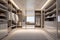 Modern warm wood and white walk in closet, minimal walk in wardrobe dressing room interior design. generative ai
