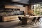 Modern Warmth: Kitchen with Wooden Paneling and Black Countertops. Generative AI