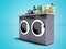 Modern washer and dryer for things 3d render on blue background with shadow