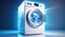 Modern washing machine with laundry, product presentation