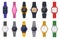 Modern watches. Wristwatch, unisex time chronograph, smartwatch, man woman modern and fashion wrist clocks vector