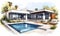 Modern Watercolor Rendering Of A Home With Pool