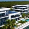 A modern waterfront residential complex with sleek, glass facades and private marina access2