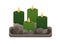 Modern wax candles on concrete pedestal. Elegant candlelights on hard stone stand. Cosy aromatic romantic decorationon