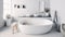 Modern White Bathroom Interior Design. Elegant Bathtub Counter Body Skin Accessories Water Tap Facility. Beauty Cosmetic Products