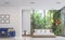 Modern white bedroom and living room with nature view 3d render image