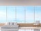 Modern white bedroom with sea view 3d rendering image.There are large window overlooks to sea view.