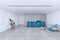 Modern white and blue loft kitchen studio interior. Designs concept.