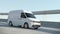 Modern White Delivery Van Driving Postal Auto Cargo Product Service on Highway