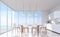 Modern white dining room with sea view 3d rendering image.There are large window overlooks to sea view.