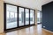 Modern white empty loft apartment interior with parquet floor with black column and panoramic windows, Overlooking the metropolis