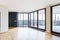 Modern white empty loft apartment interior with parquet floor with black column and panoramic windows, Overlooking the metropolis