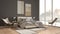 Modern white and gray minimalist bedroom, bed with pillows and blankets, parquet, bedside tables and carpet. Panoramic window with