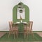 Modern white, green and wooden dining room with table set and vintage scandinavian chair, empty space with carpet, door, mirror