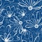 Modern white hand drawn flowers and leaves in brushstroke style design. Chalk effect. Seamless vector pattern on blue