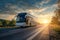 Modern white intercity bus on a scenic highway with the warmth of a sunset, perfect for long-distance travel and