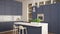 Modern white kitchen with blue wooden details in contemporary luxury apartment with parquet floor, vintage retro interior design,