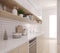 Modern white kitchen near window with a wooden floor,countertops with wooden cupboards,,set of kitchen equipment.