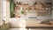 Modern white kitchen in Scandinavian style. Open shelves in the kitchen with plants and jars. Autumn decoration, eco