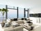 Modern white living room interior with splendid seascape view