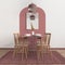 Modern white, red and wooden dining room with table set and vintage scandinavian chair, empty space with carpet, door, mirror and