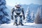 modern white robot on snowy winter landscape