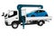 Modern white tow truck with blue crane with loaded car in trailer 3d render on white background no shadow