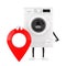 Modern White Washing Machine Character Mascot with Red Map Pointer Target Pin. 3d Rendering