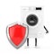 Modern White Washing Machine Character Mascot with Red Metal Protection Shield. 3d Rendering