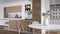 Modern white and wooden kitchen, Island, parquet and decors. Dining table with chairs, open wine cellar, shelves with pottery and