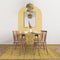 Modern white, yellow and wooden dining room with table set and vintage scandinavian chair, empty space with carpet, door, mirror