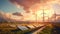 Modern Wind Turbines and Solar Panels in the Soft Glow of Sunset Light. Illustrating the Eco Green