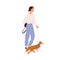 Modern woman walking with dog on leash. Stroll of young fashion lady leading doggy. Stylish female in heels going with