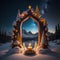 A modern wooden arch in a winter wonderland landscape, decorated by wooden trees, a star and a candle