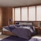 Modern wooden bedroom in purple and beige tones. Master bed with pillows and duvet, window with venetian blinds, carpets and