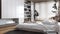 Modern wooden bedroom in white and dark tones. Bed with pillows and fireplace. Bookshelf and parquet floor. Minimalist japandi