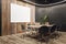 Modern wooden and black meeting room interior with empty white mock up poster, equipment, furniture and decorative plants.