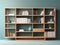 a modern wooden bookshelf with gradient background