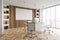 Modern wooden CEO office interior with horizontal poster